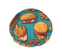 lots of cartoon burger fries Printed shower cap, reusable, specially designed for women's long hair, double-layer structure, suitable for bathing.