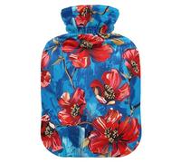 Lots of Red Flowers on A Blue Background hot Water Bottle with Soft Cover, 1L hot Water Bags for Period Cramps, Neck Shoulder Warmer, bolsas para agua Caliente