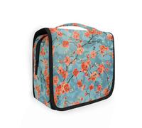 Lots of Red Flowers on A Blue Background Toiletry Bag for Men with Hanging Hook foldabloiletry Organizer Toilet