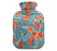 Lots of Red Flowers on A Blue Background Travel hot Water Bottle with Soft Cover, 1L Warm Compress for Neck Shoulder Warmer, Period Cramps, Bolsa para agua Caliente para Dolor