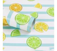 Lots of Yellow and Green Summer Fresh Juicy Lemons Fruits On Blue and White Strip Gift Wrapping Paper - Vibrant Bold Pre cut & Folded Flat Flat Design Sheets For Holiday, 4-Sheets, 1-Designs: 15 sq