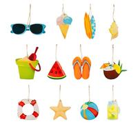 Lotsdonxia 12 PCS Hawaiian Hanging Ornaments - Tropical Wooden Luau Party Decorations for Summer Beach, Garden & Pool Parties, Reusable Pendants with Strings