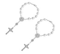 Lotsdonxia 2-Pack Imitation Pearl Rosary Rearview Mirror Pendant with Cross Bracelet Mirror Accessory for Personalising Vehicle Interiors (Silver)