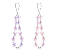 Lotsdonxia 2-Pack Phone Charm Lanyards - Pearl Wrist Straps with Crystal Butterfly Pendant, Anti-Lost Mobile Phone Chains for Women and Girls (Pink & Purple)