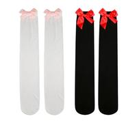 Lotsdonxia 2 Pair Knee High Socks with Satin Bow - Stretch Cotton Long Socks, Opaque Over The Knee School Stockings for Women, Valentine's Day Gifts & Everyday Wear (Black and White)