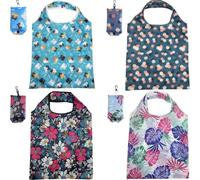 Lotsdonxia 4 Pcs Reusable Shopping Bags, Foldable Polyester Grocery Tote, Washable Eco-Friendly Carry All with Unique Patterns