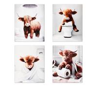 Lotsdonxia 4Pcs Highland Cow Wall Art Prints, 25x20cm (8x10) Unframed Canvas for Rustic Bathroom & Farmhouse Home Decor