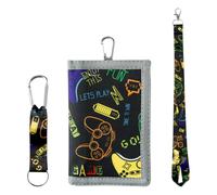 Lotsdonxia Kids Tri-Fold Wallet with Neck Lanyard Zipper - Secure Gaming Design for Boys, Toddlers, Birthday Gifts, School Essentials, Includes ID Window, Key Chain Holder (Black)
