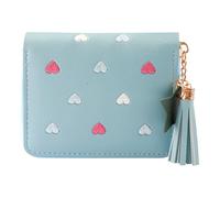 Lotsdonxia PU Tassel Zipper Wallet - Waterproof Lightweight Small Purse Cute Embroidered Heart Short Wallet for Women, Teens & Girls (Blue)