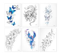 Lotsdonxia Waterproof Sexy Flower Tattoos, 6Pcs Sheets Extra Large Body Stickers, Realistic Floral Arm, Neck Face Temp Tattoo Kit for Women/Men, Halloween, Pool Festival Black Fake Tattoos