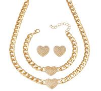 LOTSOF Gold Tone Cuban Link Chain Heart Jewelry Set for Women - Crystal Paved Heart Pendant Necklace, Bracelet & Stud Earrings - Fashion Statement Layered Jewelry for Party, Gift