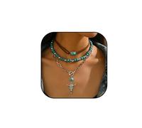 LOTSOF Western Cowgirl 3-Layer Turquoise Necklace with Steer Skull Pendant, Boho Vintage Silver-Tone Choker, Leather Layered for Women Vintage Turquoise Beaded Western Jewelry, Adjustable, Acrylic