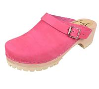 Lotta From Stockholm Swedish Classic Clog with Strap and Tractor Sole for Women | Wooden Plataform Clogs Handmade in Sweden | Alder Wood Base and Oiled Nubuck Leather I Pink-Size UK 2.5 EUR 35