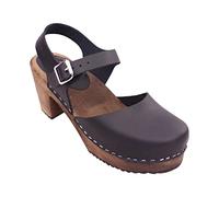 Lotta From Stockholm Swedish Highwood Clog for Women | High Heel Mary Jane Style Wooden Clogs Handcrafted in Sweden | Brown Alder Wood Base and Full Grain Leather | Black-Size UK 6 EUR 39