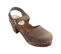 Lotta From Stockholm Swedish Highwood Clog Sandal for Women | High Heel Mary Jane Style Wooden Clogs Handcrafted in Sweden | Brown Alder Wood Base and Oiled Nubuck Leather | Taupe-Size UK 6 EUR 39