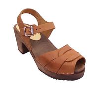 Lotta From Stockholm Swedish Peep Toe Clog Sandal for Women | High Heel Open Toe Wooden Clogs Handcrafted in Sweden | Brown Alder Wood Base and Oiled Nubuck Leather | Brown-Size UK 2.5 EUR 37