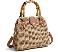 LOTTEDS Women's Woven Straw Handbag Boho Beach Crossbody Purse with Bamboo Handle Trim Handmade Rattan Tote for Summer (Khaki)