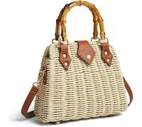 LOTTEDS Women's Woven Straw Handbag Boho Beach Crossbody Purse with Bamboo Handle Trim Handmade Rattan Tote for Summer (Beige)