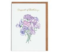 Lottie Murphy - Luxury Sweet Pea Flower Birthday Card - ‘Happy Birthday’ - Gold Foil Lettering - Card for Her - Designed & Printed in the UK - Luxury 300gsm Card - 12.7 x 17.7cm