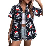 LOTUCY Christmas Shirt Women Hawaiian Button Down Shirts Vintage Christmas Graphic Short Sleeve Button Up Tops, Black, M