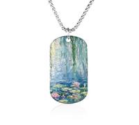Lotues Willow Trees Water Lilies Dog Tag Necklace Stainless Steel Plated Pendant Memorial Jewelry Gift for Men Women