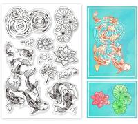 Lotus and Koi Fish Clear Stamps for Cards Making Pond Scenery Clear Stamp Seals Transparent Stamps for DIY Scrapbooking Photo Album Journal Home Decoration