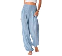 Lotus and Luna Women's Harem Pants Thai Pants for Beach & Lounge High Waisted Flowy Boho Pants Genie Pants Yoga Pants, Denim Blue Tribal, XL