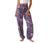 Lotus and Luna Women's Harem Pants Thai Pants for Beach & Lounge High Waisted Flowy Boho Pants Genie Pants Yoga Pants, Mystic Plum Lotus Moon, M Petite