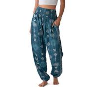 Lotus and Luna Women's Harem Pants Thai Pants for Beach & Lounge High Waisted Flowy Boho Pants Genie Pants Yoga Pants, Cosmic Teal Lotus Moon, S Petite