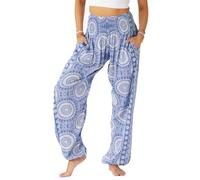 Lotus and Luna Women's Harem Pants Thai Pants for Beach & Lounge High Waisted Flowy Boho Pants Genie Pants Yoga Pants, Vinca, M