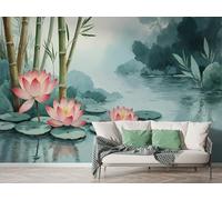 Lotus Bamboo Wall Mural, Self-Adhesive Peel & Stick Wallpaper, Zen Landscape Design Photo Wallpaper for Living Room & Bedroom (150x100 cm), F-267