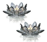 Lotus Black Crystal Candlestick 2-Piece Tealight Candle Set, Black Glass Votive Candle Holder for Tabletop Dining Table Center Decoration Ideal Candle Holder for Wedding Valentine's Day Decoration