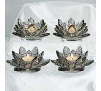Lotus Black Crystal Tea Candle Holder Crystal Wishing Tealight Candlestick Stand Exquisite Desktop Decoration Holiday Celebration Wedding Restaurant Party Atmosphere Decoration (4 Pcs, Dark Grey)