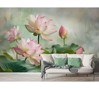 Lotus Botanical Wall Mural, Self Adhesive Wallpaper Peel and Stick, Watercolor Floral Home Decor Photo Wallpaper, Silk Cloth Wall Sticker for Living Room & Bedroom, 400x280 cm - M-859