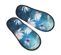 Lotus Butterfly Slippers for Women Men Waterlily Flower Non-Slip House Slippers Indoor Comfy Fuzzy Footwear Memory Foam Bedroom Travel Shoes L