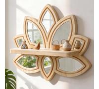 Lotus Design Wooden Floating Shelf, Boho Wall Decor Plant Display Shelf | 13.2x11.4" Natural Wood DIY Display Shelf for Bedroom - Unique Mirror Wall Display Rack for Plants, Photos & Figurines