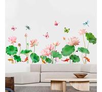 Lotus Dragonfly Wall Stickers for Walls and Mirrors with Chinese Style Flower and Leaf Design Waterproof and Easy to Remove (C)