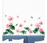 Lotus Dragonfly Wall Stickers for Walls and Mirrors with Chinese Style Flower and Leaf Design Waterproof and Easy to Remove (D)