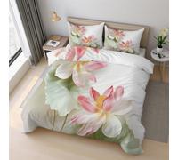 Lotus Duvet Cover Sets, Green Leaf Asia Oriental Bedding Double Bed Set 200x200 cm, Soft Reversible Microfiber Quilt Cover & 2 Pillowcases, Zipper Closure S-2