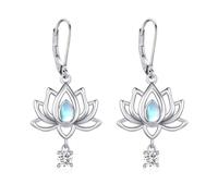 Lotus Earrings 925 Sterling Silver Moonstone Lotus Leverback Earrings Chakras Yoga Dangle Mother's Day Jewellery Gifts for Women Girls Birthday Christmas