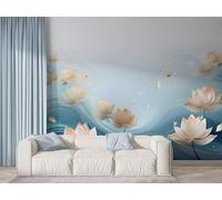 Lotus Floral Wall Mural, Self Adhesive Wallpaper Peel and Stick, Botanical Watercolor Lily Home Decor Photo Wallpaper, Silk Cloth Wall Sticker for Living Room & Bedroom, 250x175 cm - F-415