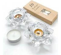 Lotus Flower Candle Holder with 10 Tealight Candles, Crystal Tea Light Holder, Tealight Holders, Crystal Flower Lotus Candle Holder, Clear Glass Tealight Holder, for Wedding, Party (Clear (2 Pack))