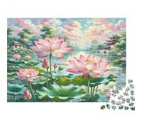 Lotus Flower Cardboard Pink Lotuses in Japanese Pond with Pagoda Premium Jigsaw Puzzle Boredom Buster Home Decor 52x38cm/1000pcs