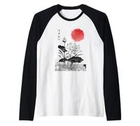 Lotus Flower Japanese Sumi-e Ink Art Red Sun Zen Illustratio Raglan Baseball Tee