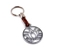 Lotus Flower Key Ring, Metal Ring is 2 mm Thick, Shell is Attached with Synthetic Leather, Approx. 9 cm in Total