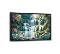 Lotus Flower Natural Large Wall Art for Living Room Mountain Landscape Framed Canvas Decor Waterfall Prints Painting Pictures Extra Large Floral Artwork for Bedroom Bathroom Office Home 24"x36"