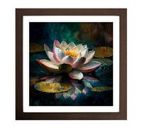 Lotus Flower Neo-Impressionism No.1 Framed Print | 18x18 Inch Walnut Framed Wall Art | Ready to Hang | Impressionist Floral Picture | Living Room Bedroom Lounge Office