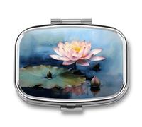 Lotus Flower Painting Pill Organizer with 2 Compartments Metal Square Pill Case Small Pill Box Portable Medicine Box Slim Travel Pill Container Medicine Organizer for Daily Use