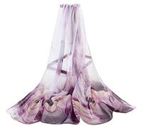 Lotus Flower Pattern Chiffon Silk Style Scarf Shawl (Purple)(Size: M)