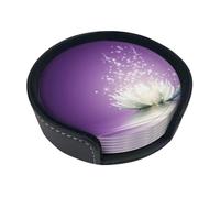 Lotus Flower Purple Coasters For Drinks, 6 Pcs Leather Coaster With Holder, Round Cup Mat Pad Set For Home Office Table Decoration
